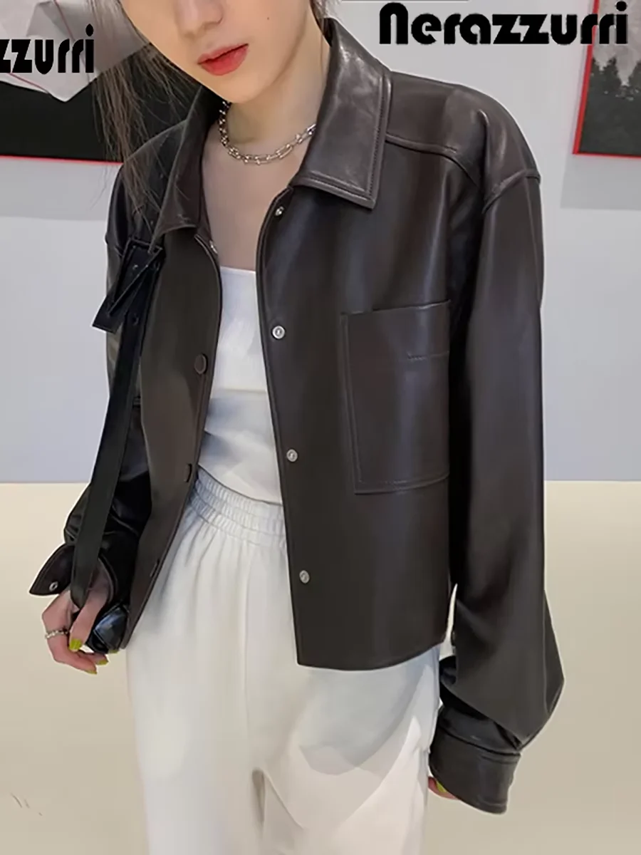 

Nerazzurri Spring Autumn Brown Short Soft Pu Leather Jacket Women Long Sleeve Pocket Loose Casual Korean Fashion Clothing 2025