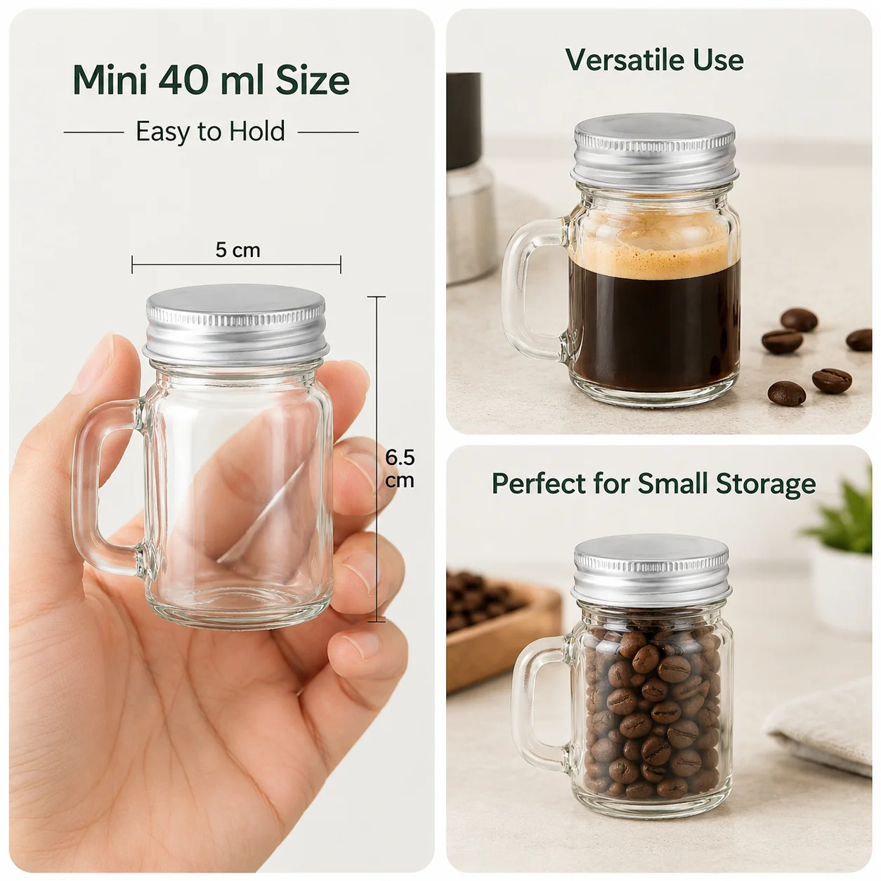 Mini frasco de vidrio de 40 ml con asa y tapa plateada de rosca, pequeño frasco transparente tipo Mason para shots de café, muestras de jugo, especias, almacenamiento