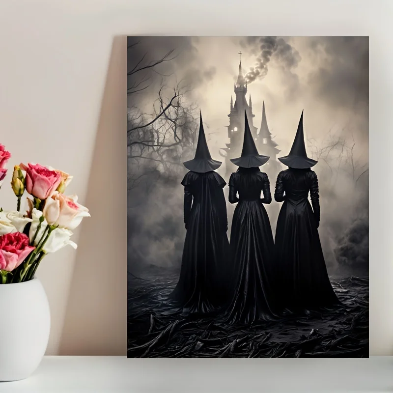 Weird Witch Canvas Print Retro Ghost Dark Academy Halloween Wall Art Poster for Modern Living Room Bedroom Bathroom Home Decor