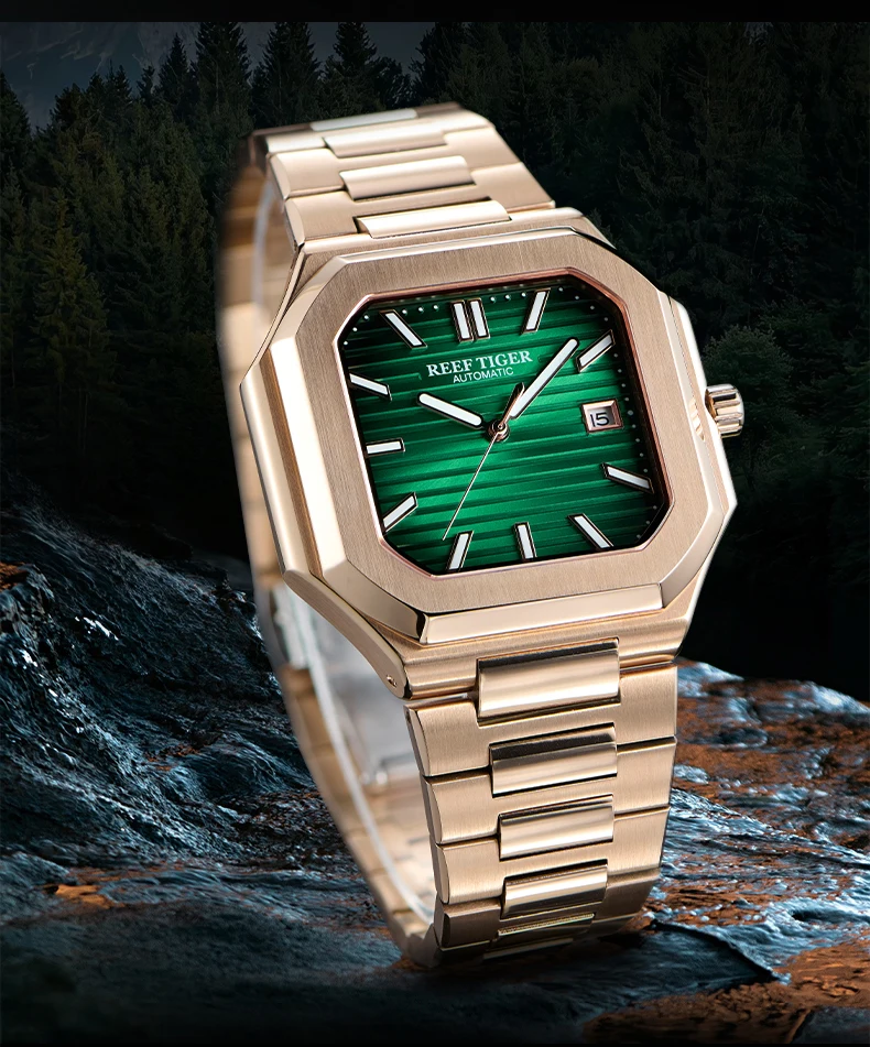 Reef Tiger Men Automatic Watch 44mm Square Mechanical Wristwatch 5ATM Waterproof Sapphire Luminous Date Window Miyota 8215