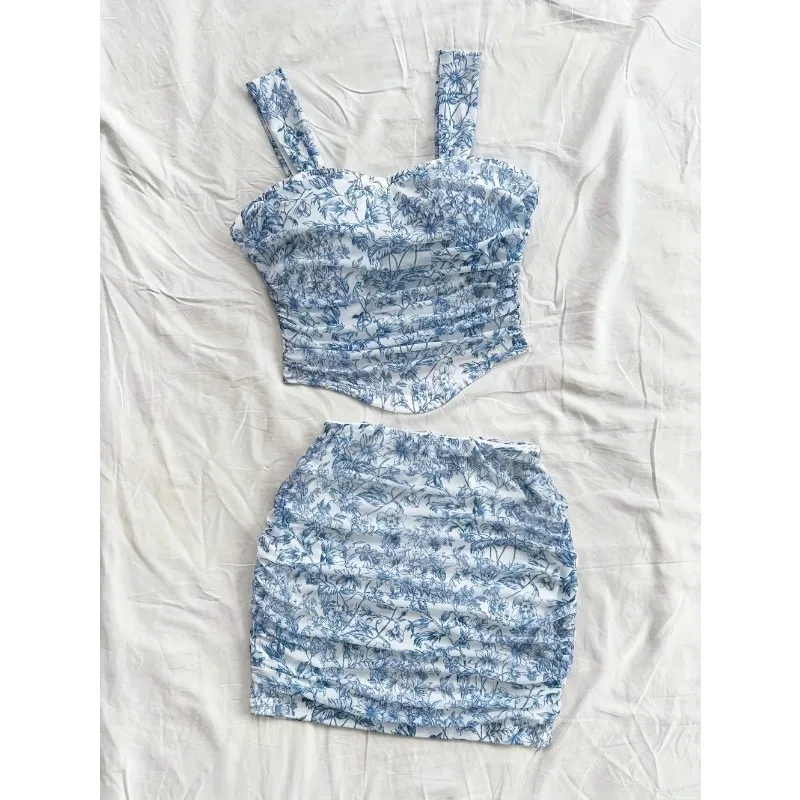 ฤดูร้อนผู้หญิงชุดว่ายน้ําบิกินี่ 2 ชิ้นแฟชั่นSuspenderพิมพ์Tie Up Hollow Out Slit Beach Holidayชุดว่ายน้ําสําหรับหญิง