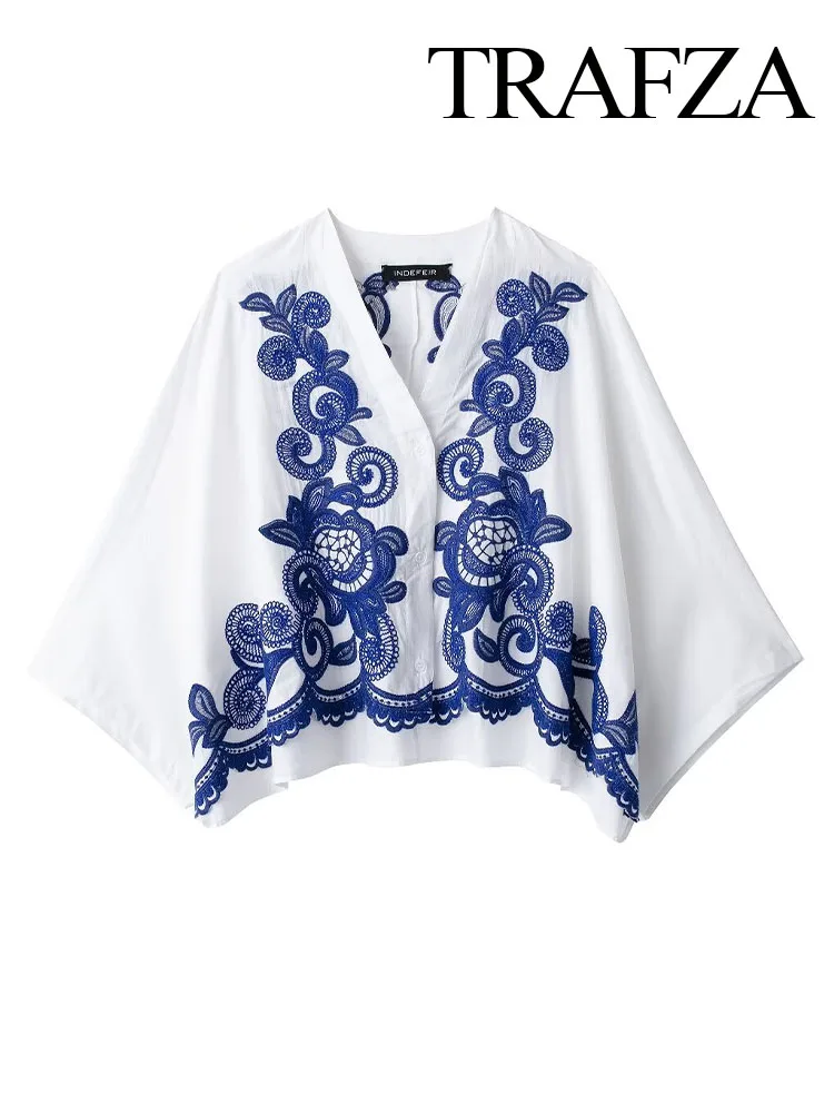 

TRAFZA Women Fashion Contrasting Embroidery Single-Breasted Decoration Shirt Top Female Summer Slim Casual Loose Blouses TRAF