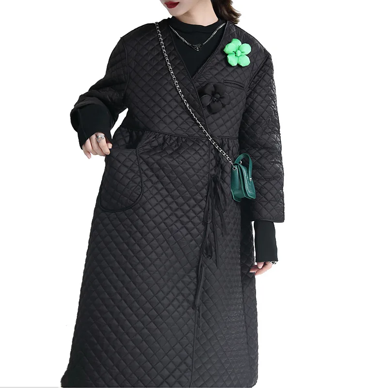 Spring fashion diamond-shaped lattice clip cotton over the knee loose waist slimming cotton clothes female simple lace-up coat