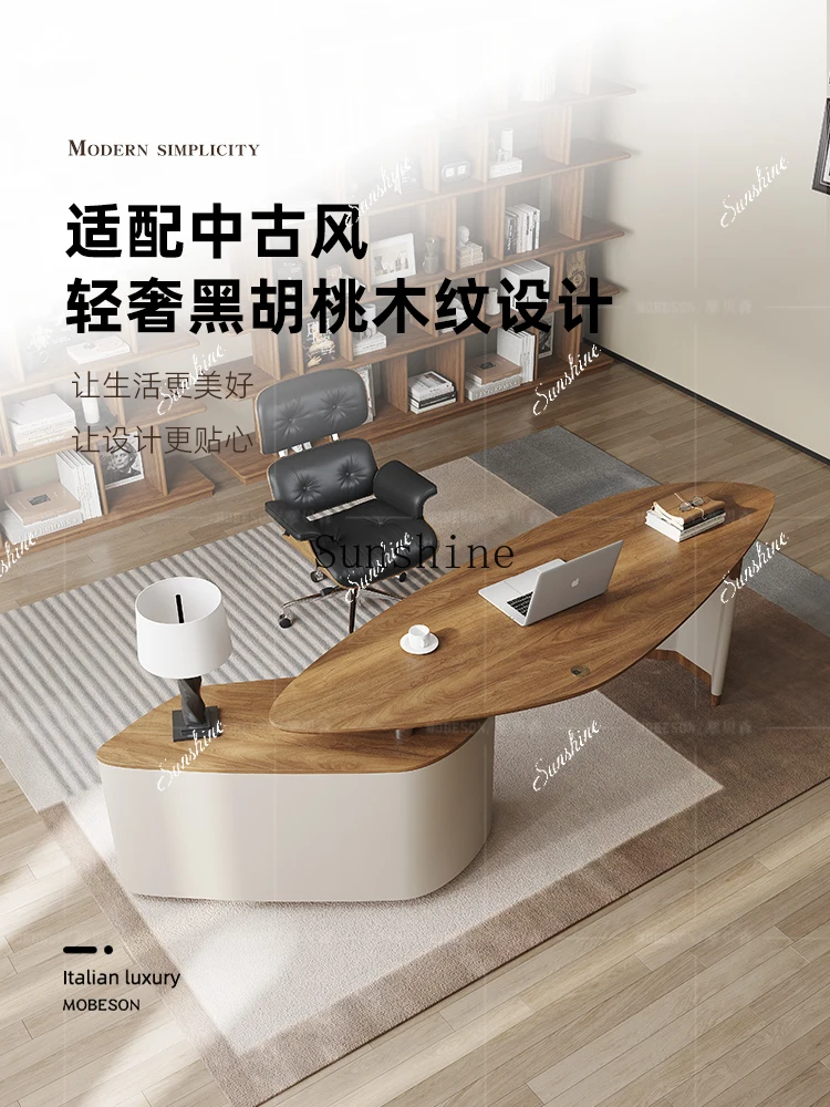 

WDesign light luxury medieval black walnut special-shaped creative book desk and chair combination home