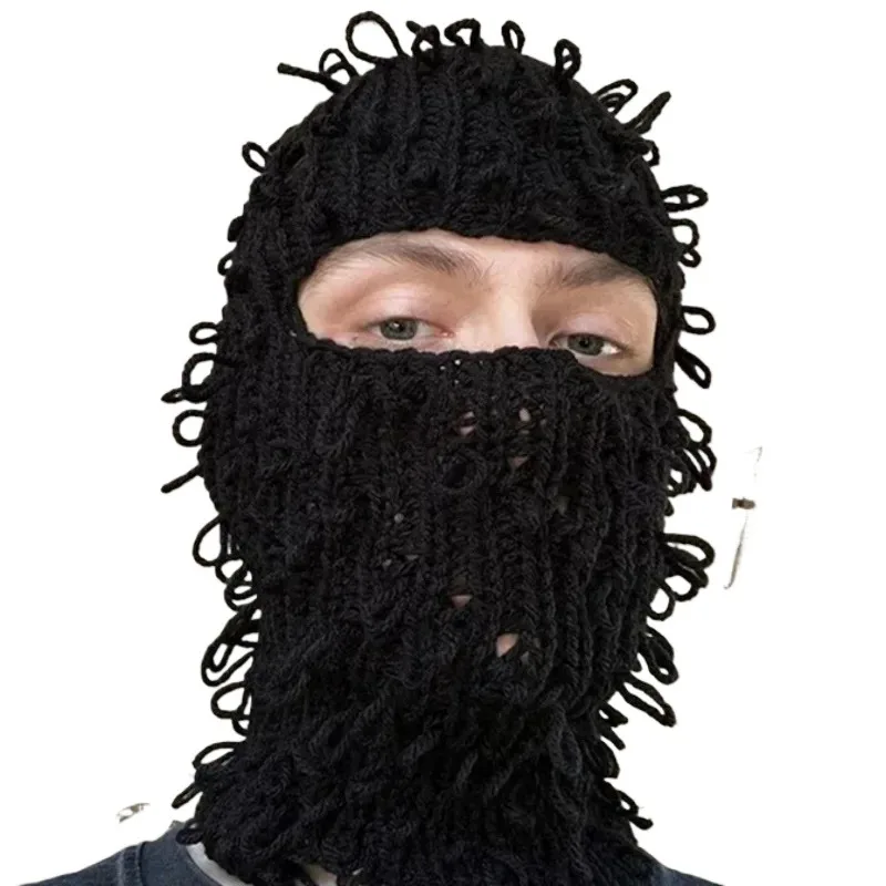 

New Handmade Balaclava Halloween Ski Cap Funny Black Coil Handmade Distressed Wool Head Cover Beanie Prom Party Mask Warm Mask