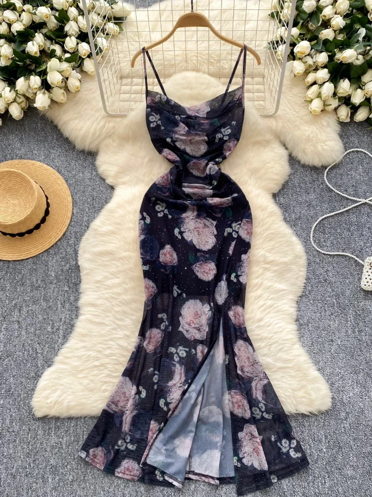 Summer Fashion Sexy Sling Evening Dress Women Print Slim Open Fork Long Dress Female Nightclub Gown Partywear Y2K Korean Clothes