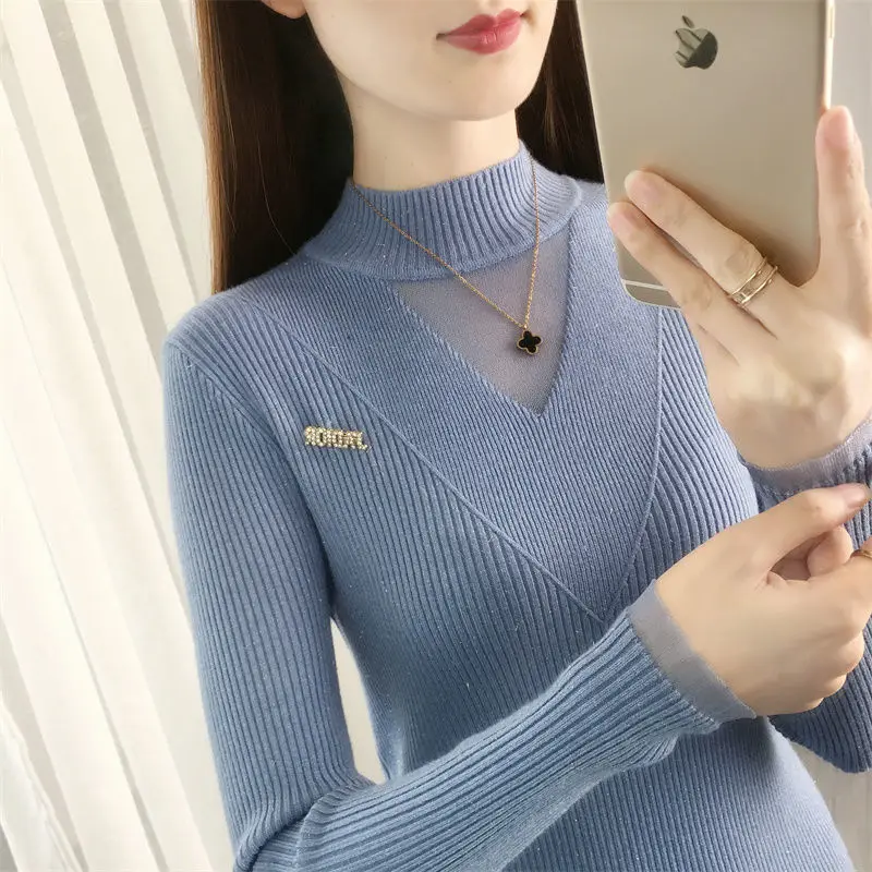 Korean Skinny Lace Spliced Women Clothes Hollow Out Sexy Half Height Collar Sweaters High Strech Metal Brooch Decorate Knitting