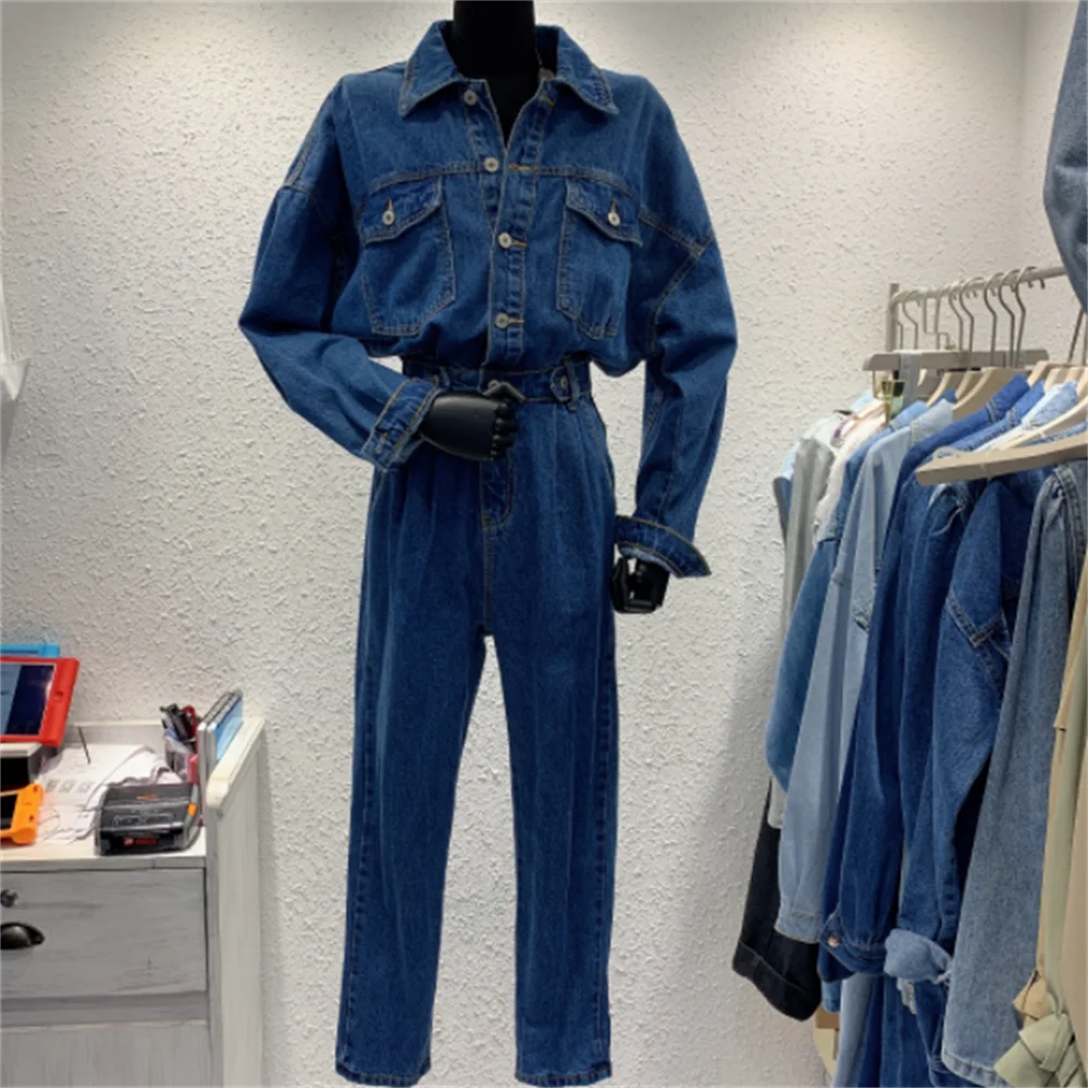 

Denim Jumpsuit Women long sleeves Denim Overalls Fashion Loose Single-breasted Long-sleeve Jean One-piece Trousers Female