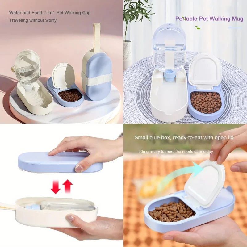 Botella de agua para mascotas en movimiento y contenedor de comida para perros, gatos, conejos y animales pequeños, dispensador portátil con taza plegable para
