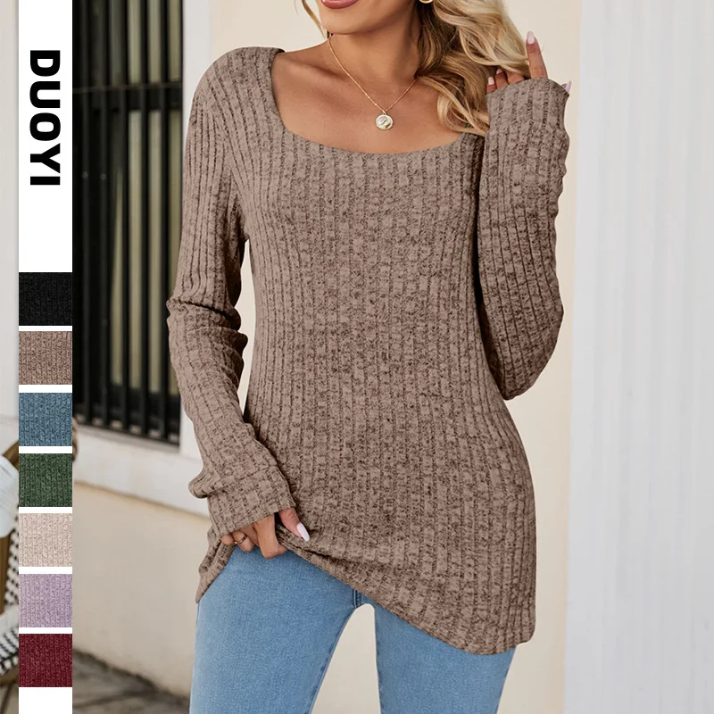 

Y2K square neck women's knitted sweater autumn and winter new retro basic long-sleeved top casual slim-fitting simple jumper top