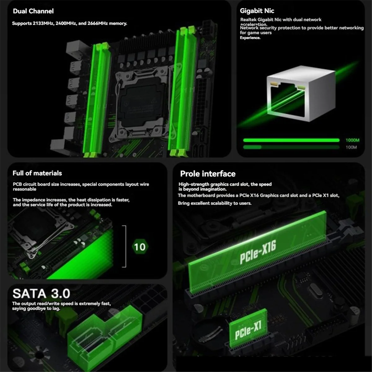 Placa base X99 PR9 de diseño duradero LGA 2011-3 compatible con CPU E5 26XX V3