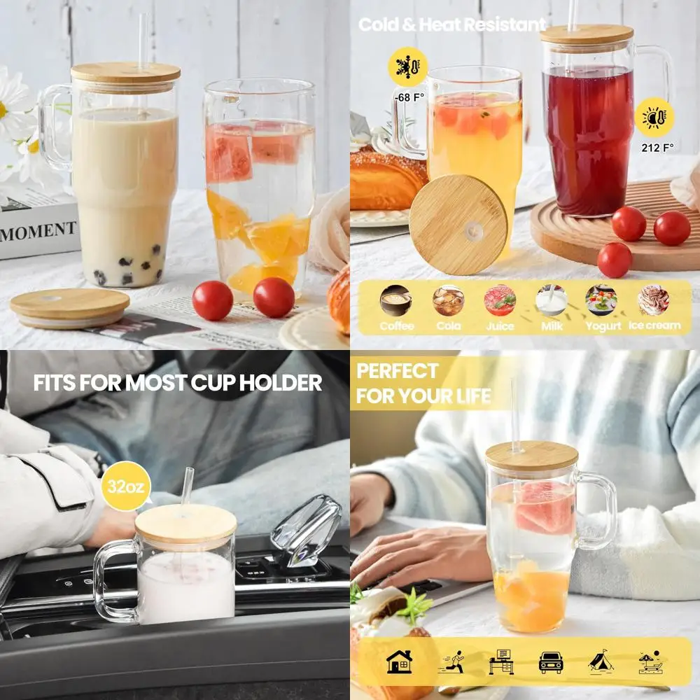 

Double-Walled 32oz Glass Tumbler Set with Bamboo Lid and Straw for Iced Drinks