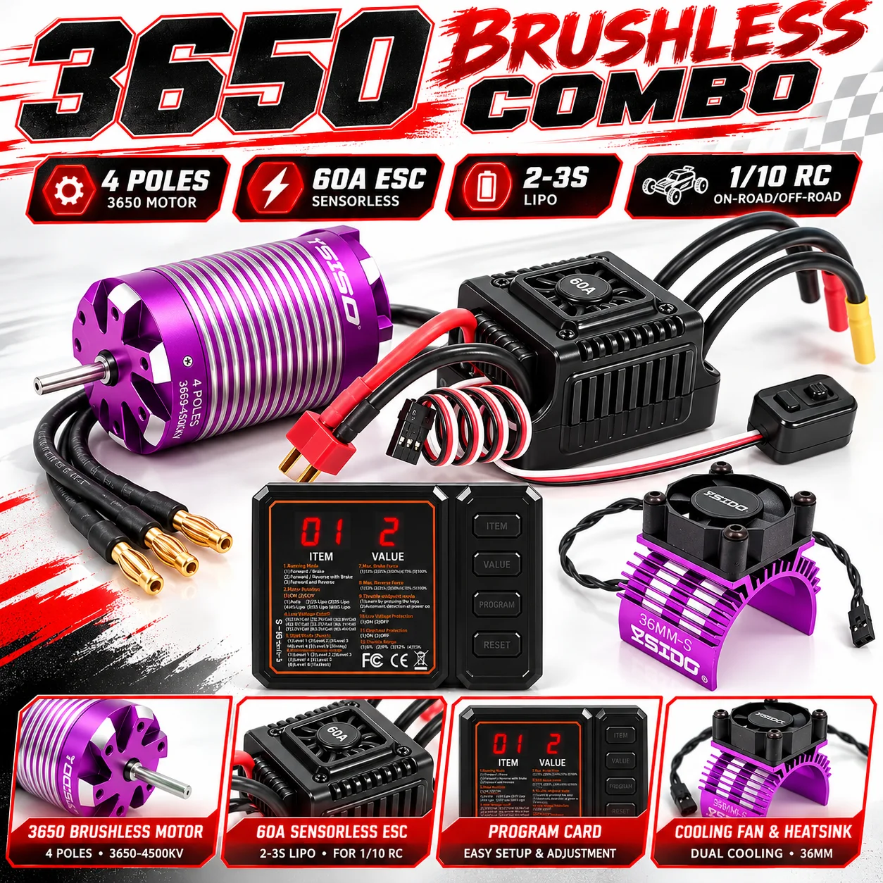 Brushless Combo 3650 Sensorless Brushless Motor 60A ESC 3010 Cooling Fan Program Card for 1/10 RC Car Buggy Truck Upgrade Parts