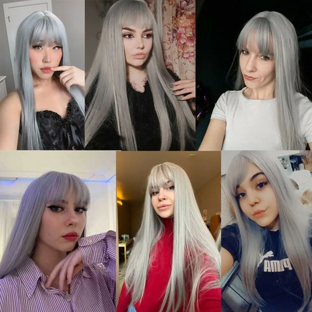 ALAN EATON Cosplay Silver Gray Synthetic Wig for Women Natural Long Silk Straight Wigs With Bangs for Women Girl Heat Resistant