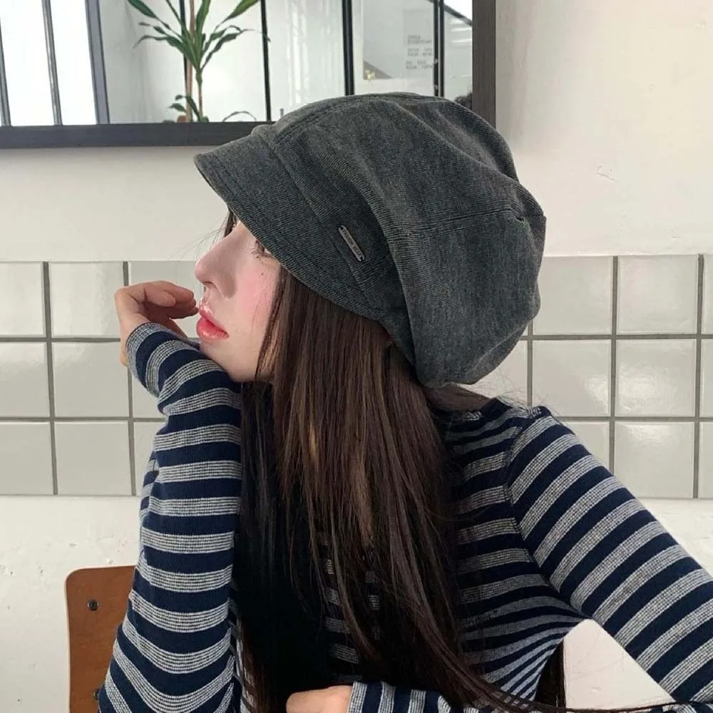 Rivet Ornament Slouchy Beret Face Framing Soft Fabric Short Brim Hat Elastic Band Warm Lining Studded Beanie Daily Commute