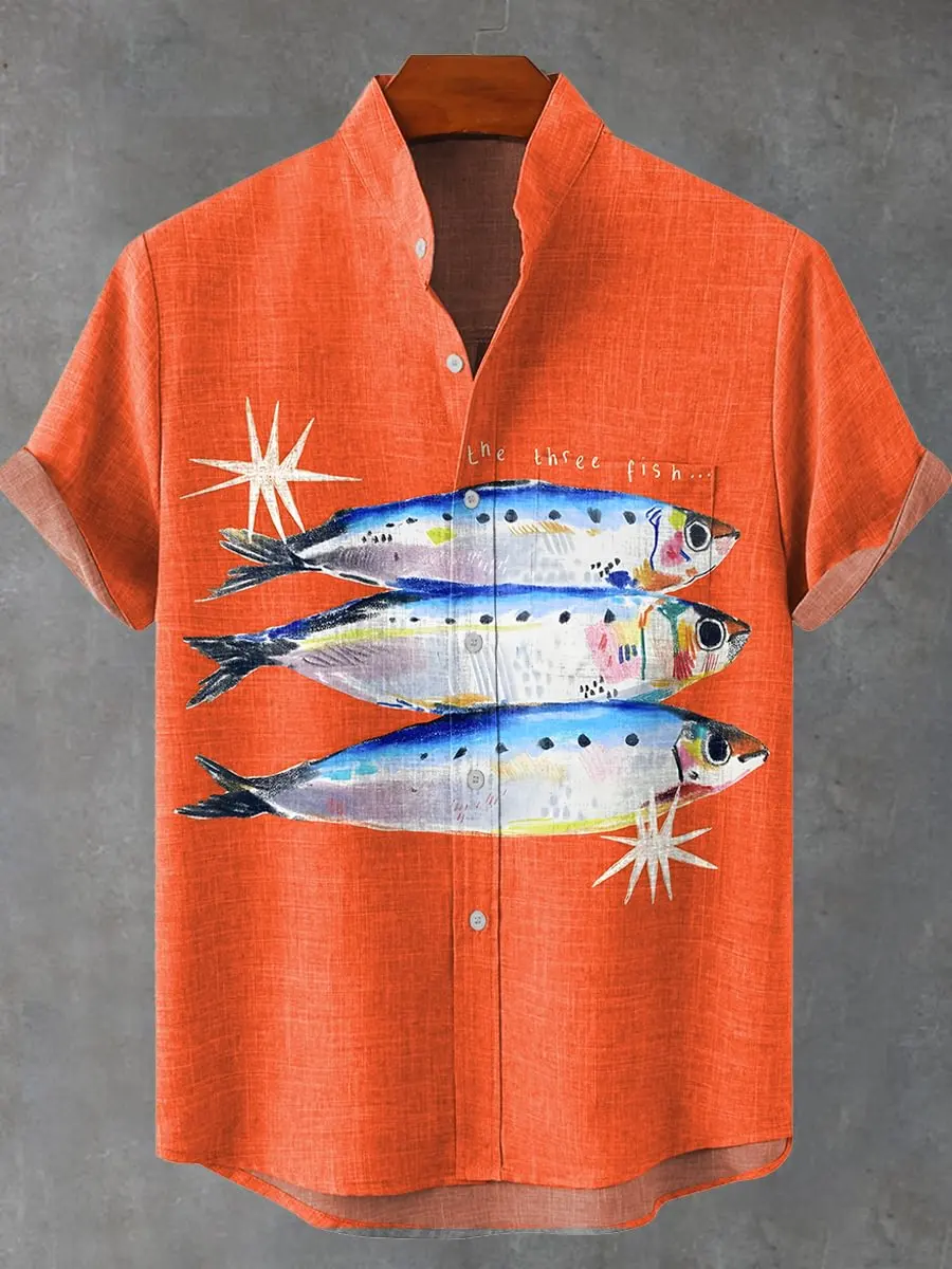 Men's new summer beach casual fish pattern short sleeved shirt fishing enthusiast clothing linen button up shirt - Image 5