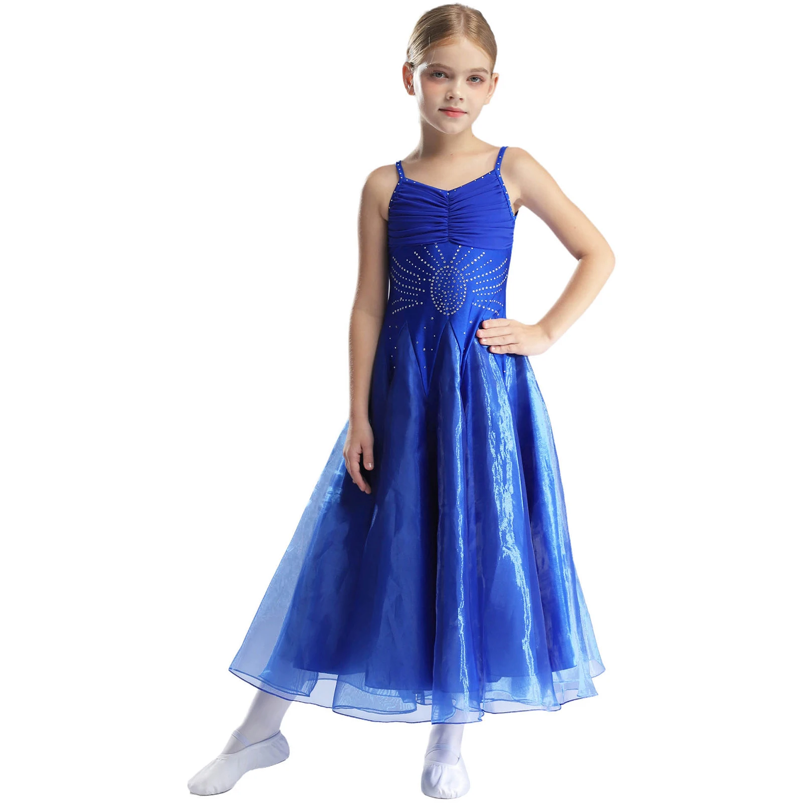 Kids Girls Glittery Rhinestones Ballroom Dance Dress Spaghetti Straps Flared Maxi Dress Modern Waltz Tango Dancing Costume