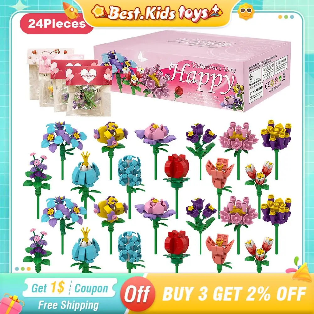 24 Kinds Sets DIY Flower Building Blocks Rose Mini Bouquet Valentine's Day Girl Children Toys Exchange Gift With Greeting Card