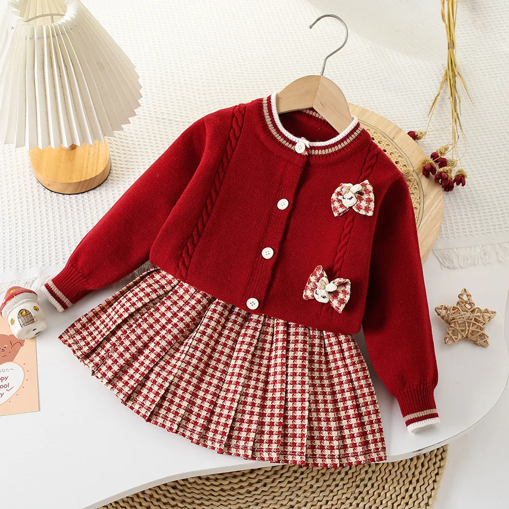 

Girls Clothing Sets Spring Autumn 2025 Children Woolen Jersey Sweaters Tops Skirts 2pcs Cute Dress Suit For Baby Outfits Kids 6Y