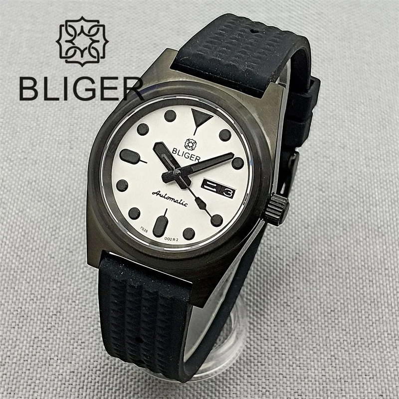 BLIGER 38mm Mechanical Mens Diver Watch Sapphire Glass Japan NH36A Autoamtic 100M Black White Dial Luminous Waffle Rubber Strap