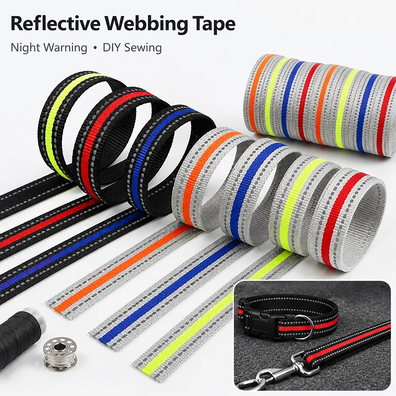

5/10M 15-25mm Reflective Webbing Tape Striped Nylon Strap for Dog Collar Traction Leash Night Warning Sewing Accessory Trim Roll