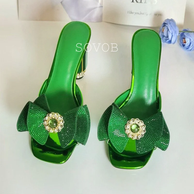 New Summer Patent Leather Rhinestone Bow Decoration High-Heeled Slippers Women Sweet Fairy Style Slippers Banquet Dress Shoes