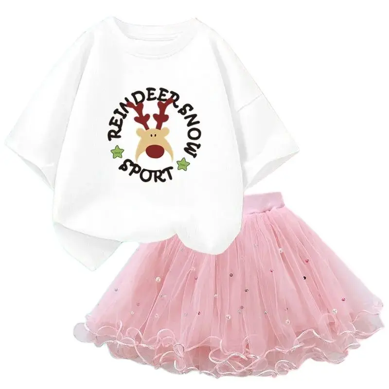 2024 Christmas Kid Girls Clothes Set Santa Deer T shirt Tops and Tutu Skirts Outfits Xmas Costume Children Party Clothing