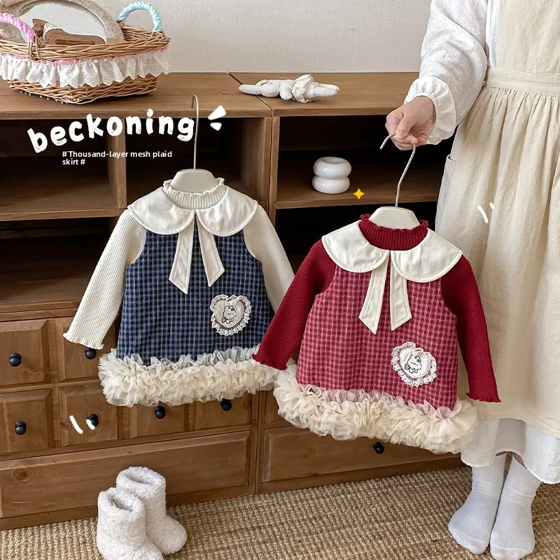 Girls' Thick Checkered Skirt 2025 New Winter Baby Stylish Doll Neck Korean Edition Dress Children's Tank Top Skirt