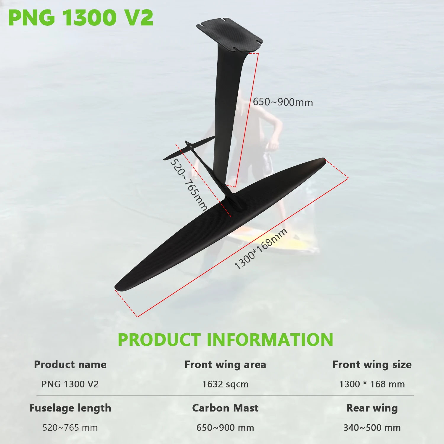 Advanced Hydrofoil Wing PNG V2 1300 Wingfoil Optimized High Speed Gliding, Clean Turns and Performance Downwind Foiling Sessions