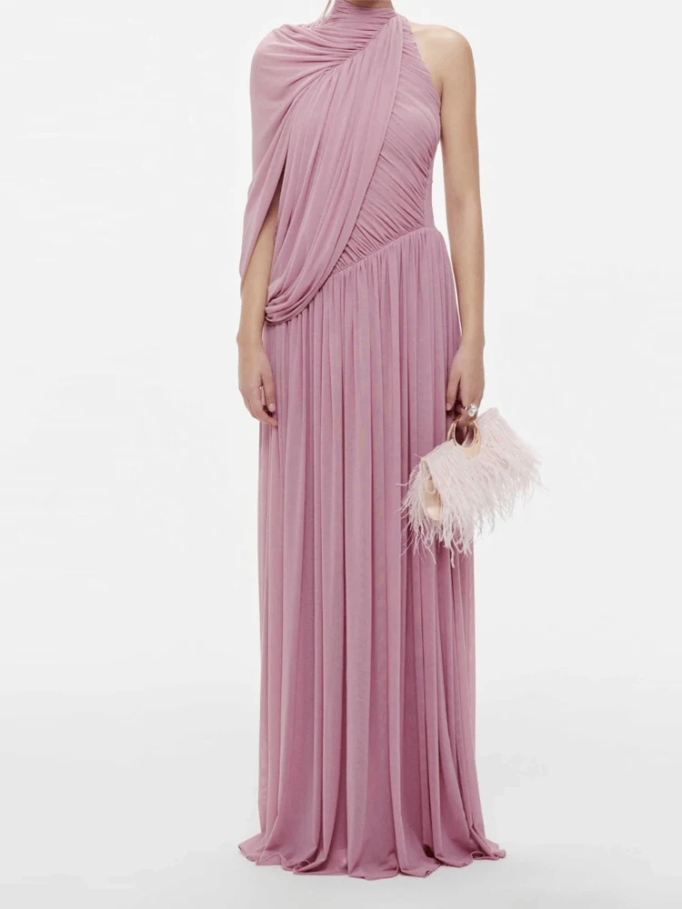 

New Pleated Halter Slim Evening Dress Trendy Design Style Solid Banquet Dress Elegant Lady Asymmetry Hollow Out Party Maxi Dress