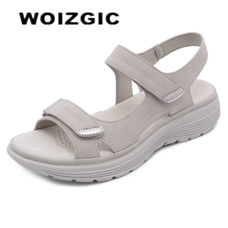 WOIZGIC Women\'s Ladies Mother Female PU Leather Sandals Shoes Platform Summer Cool Beach Hook Loop Non Slip Plus Size 41 42