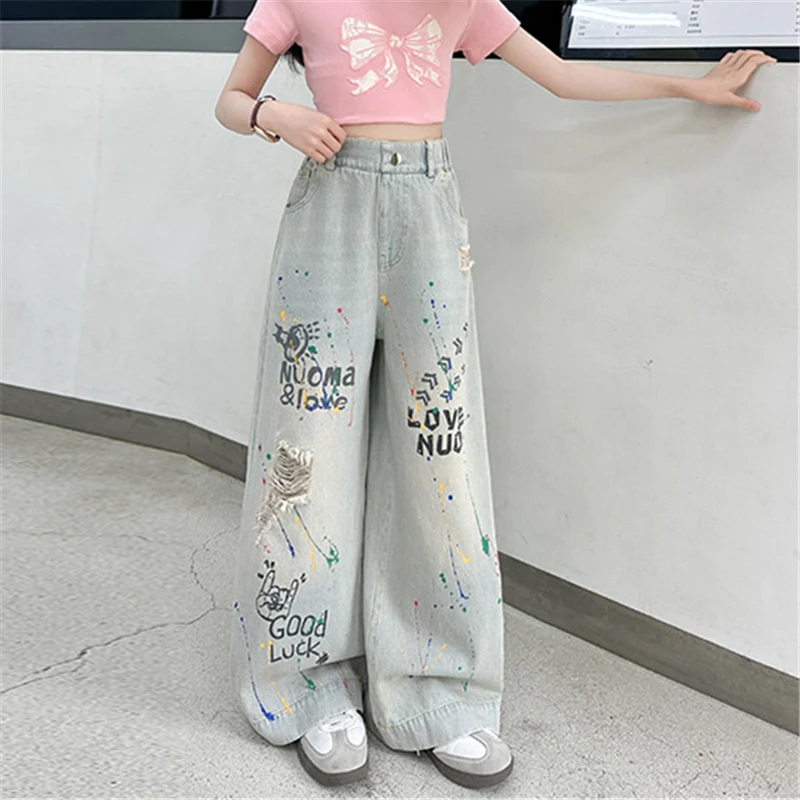 Child y2k Ripped Baggy Jeans with Drawings for Girl Harajuku Vintage High Quality Denim Pants Kids New Hip Hop Streetwear Jeans