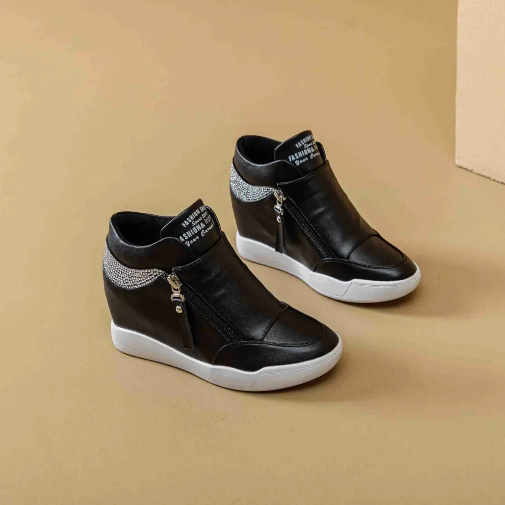 Women White Platform Bling Dimond Wedge Shoes High Top Women Sneakers Spring Autumn Hidden Heel Side Zip Casual Shoes