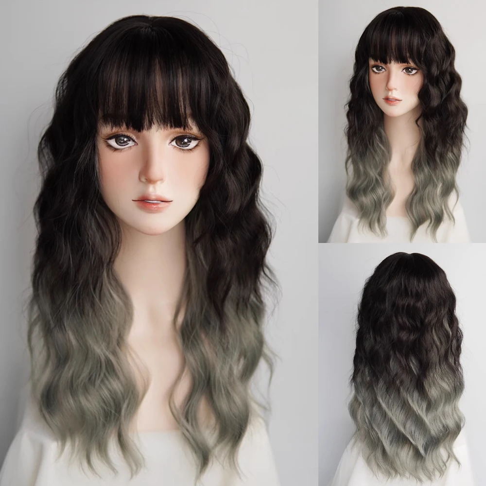 

GAKA Black Gray Synthetic Long Wavy Curly Ombre Jellyfish Head Wig with Bangs Lolita Cosplay Fluffy Hair Wig for Daily Party