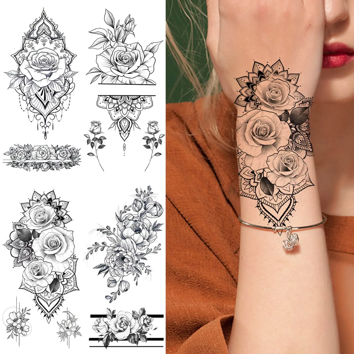 GLARYYEARS Flower Temporary Tattoo for Women, 11-Pack Henna Design Variety Pack Fake Tattoos, Floral Realistic Tattoos for Arm