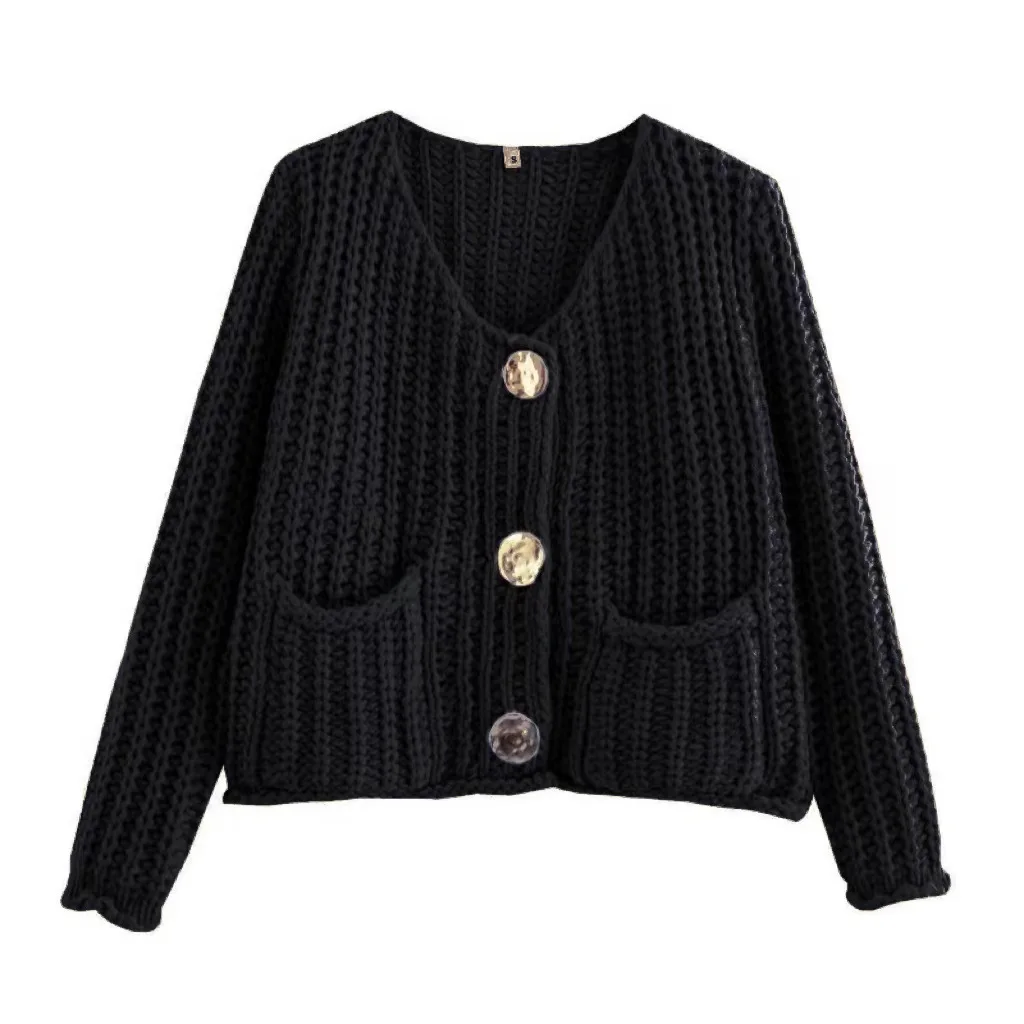 Cardigan in maglia grossa con bottoni dorati metallizzati per donna, accogliente giacca maglione Cardi con tasca frontale a maniche lunghe, autunno inverno