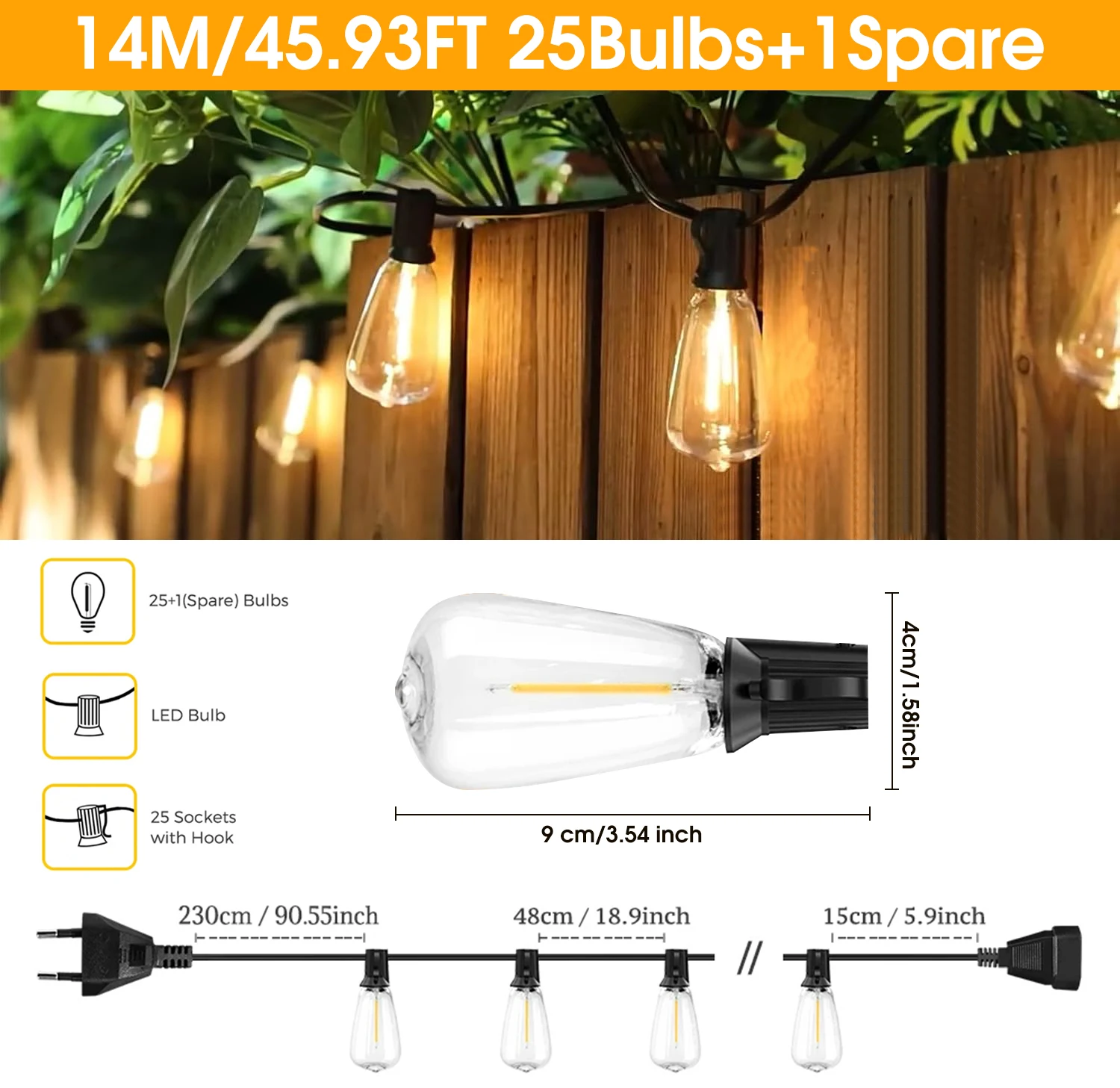 14M/26M ST38 LED-buitenlichtslingers, waterdichte, onbreekbare, aaneenschakelbare EU-stekker terraslampen voor tuin, balkon, veranda