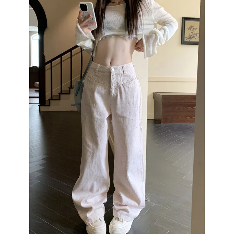 

Белые джинсы в горошек, женские весенние прямые тонкие широкие брюки с высокой талией, брюки в пол