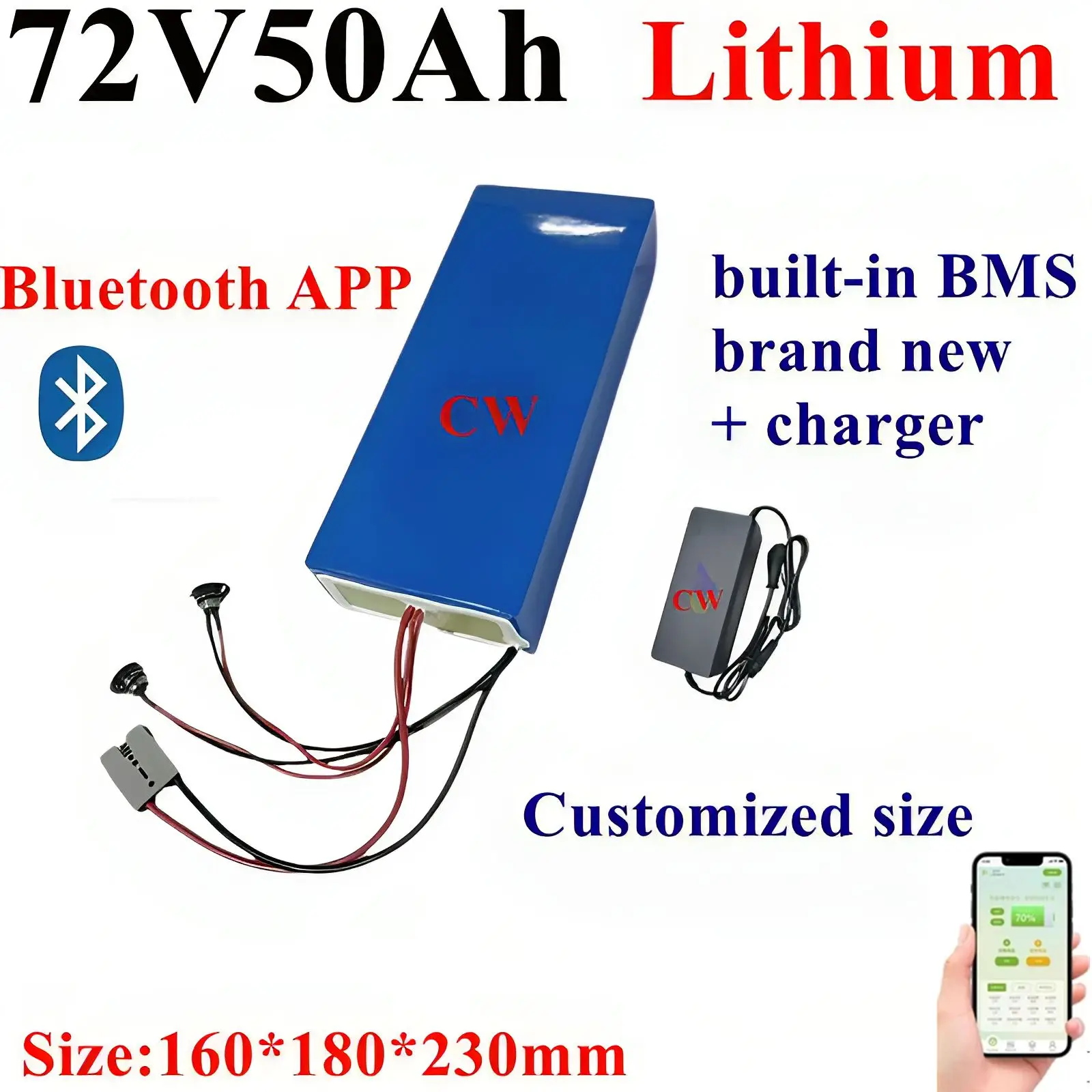 Lithium-ion 72V 50Ah avec Bluetooth pour Vélo, Scooter, Moto, Camion-grue, Chargeur 10A, 5000W, 10kW