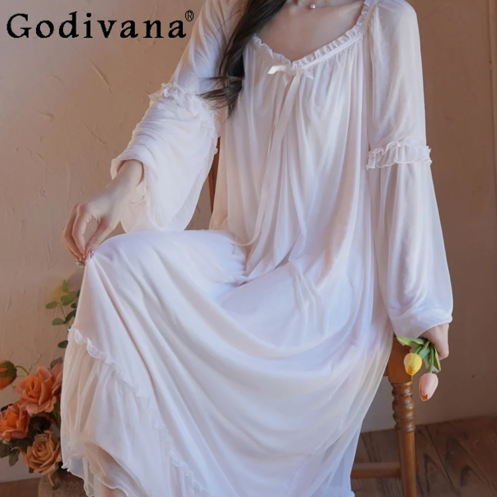 

Spring Autumn Sexy Court Style Long Pajamas Women Lace Lounge Home Wear Girly Casual Sleepwear Romantic Nightgowns