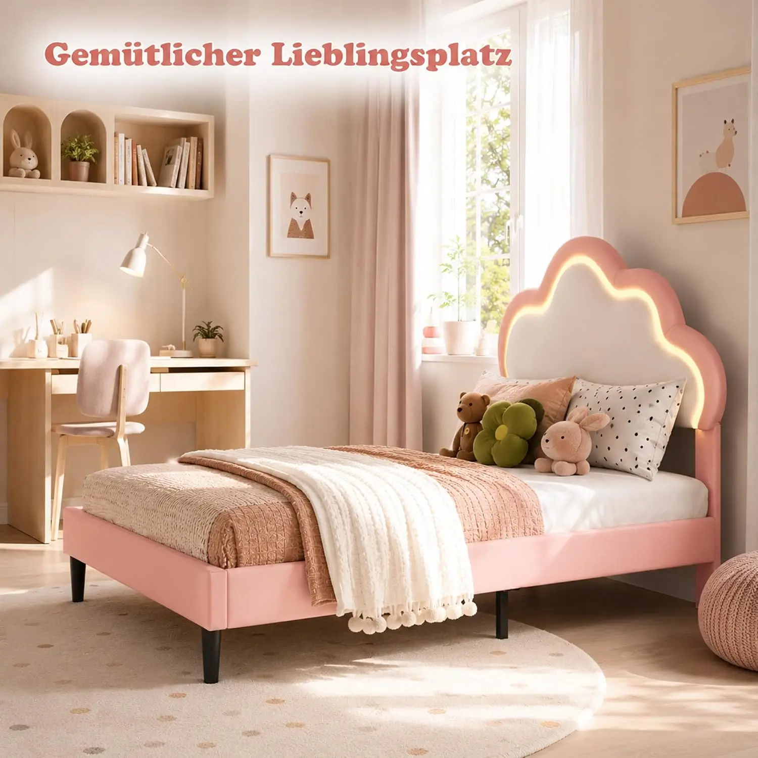 Mädchenbett 90 x 200 cm, Polsterbett für Mädchen mit LED und verstellbarem Kopfteil in Wolkenform, Einzelbett, Jugendbettgestell mit Lattenrost für Kinder, Matratze nicht enthalten