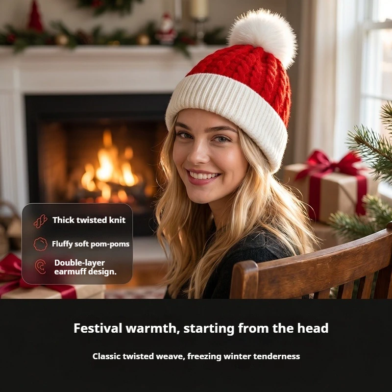 Christmas Women Knit Beanie Hat Cable Knit Pom Pom Hat Red Green Color Block Winter Warm Cuffed Skull Cap Holiday Party Gift Hat