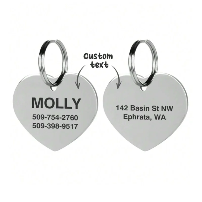 Personalized Stainless Steel Pet ID Cat Tag Name Dog Collar Tag Heart Name Phone Customized Double Side Anti-Lost Pet Plate
