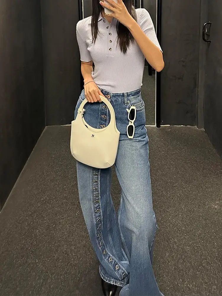 

American Retro Hot Girl Design Sense Heavy-Dust Breasted Jeans Women Autumn Winter New Niche Design Sense Floor Pants