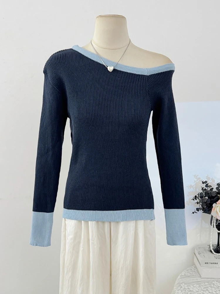 เสื้อแฟชั่นลำลองผู้หญิง ฤดูใบไม้ร่วง แบบเปิดไหล่ข้างเดียว ตัดสีแบบไม่สมมาตร เสื้อถักแขนยาว ทรงเข้ารูป สไตล์เรโทรเก๋ไก๋