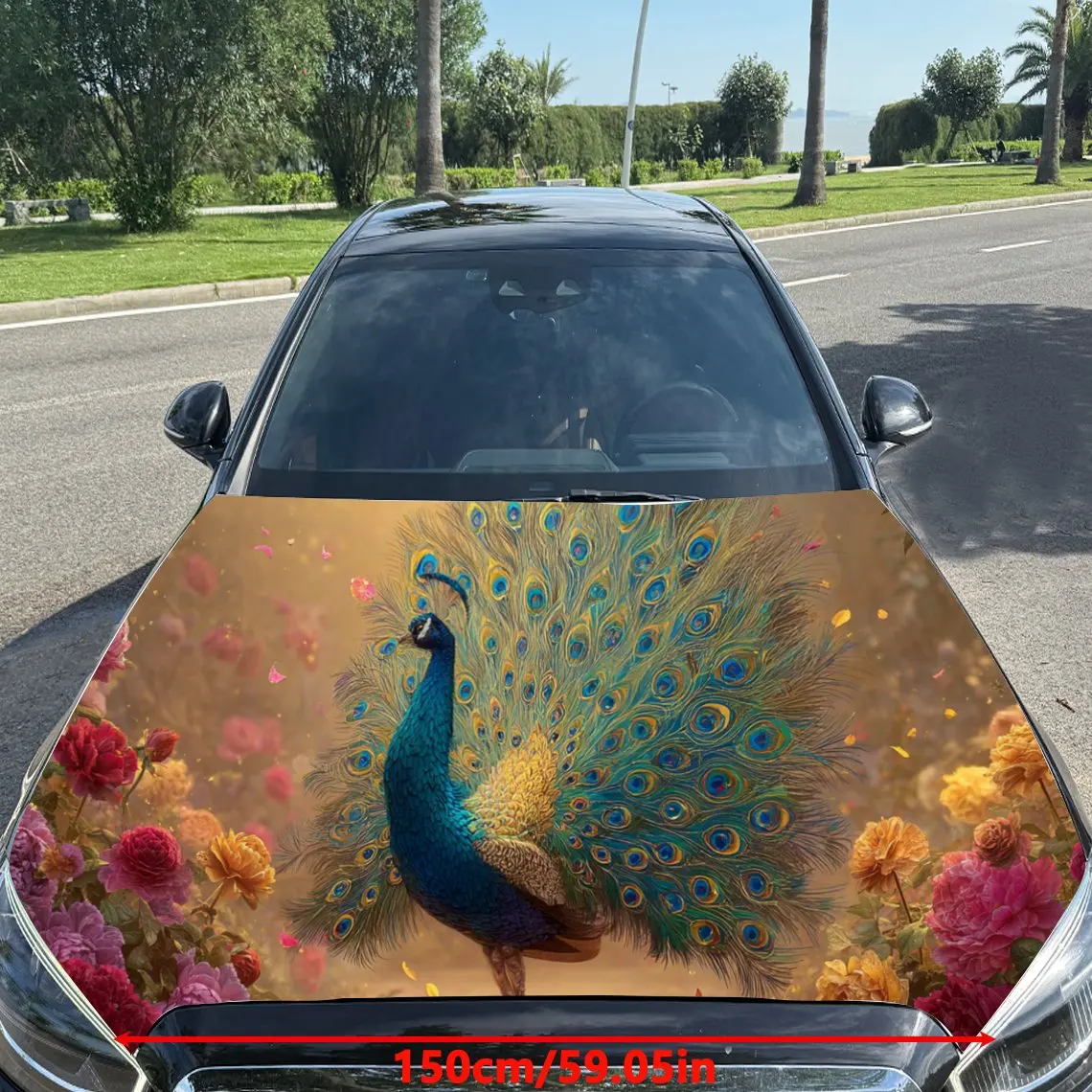 Dynamic Magnificent Peacock PVC Car Engine Hood Vinyl Wraps, Self-Adhesive Waterproof Car Hood Decal Sticker, Car Decoration Pro