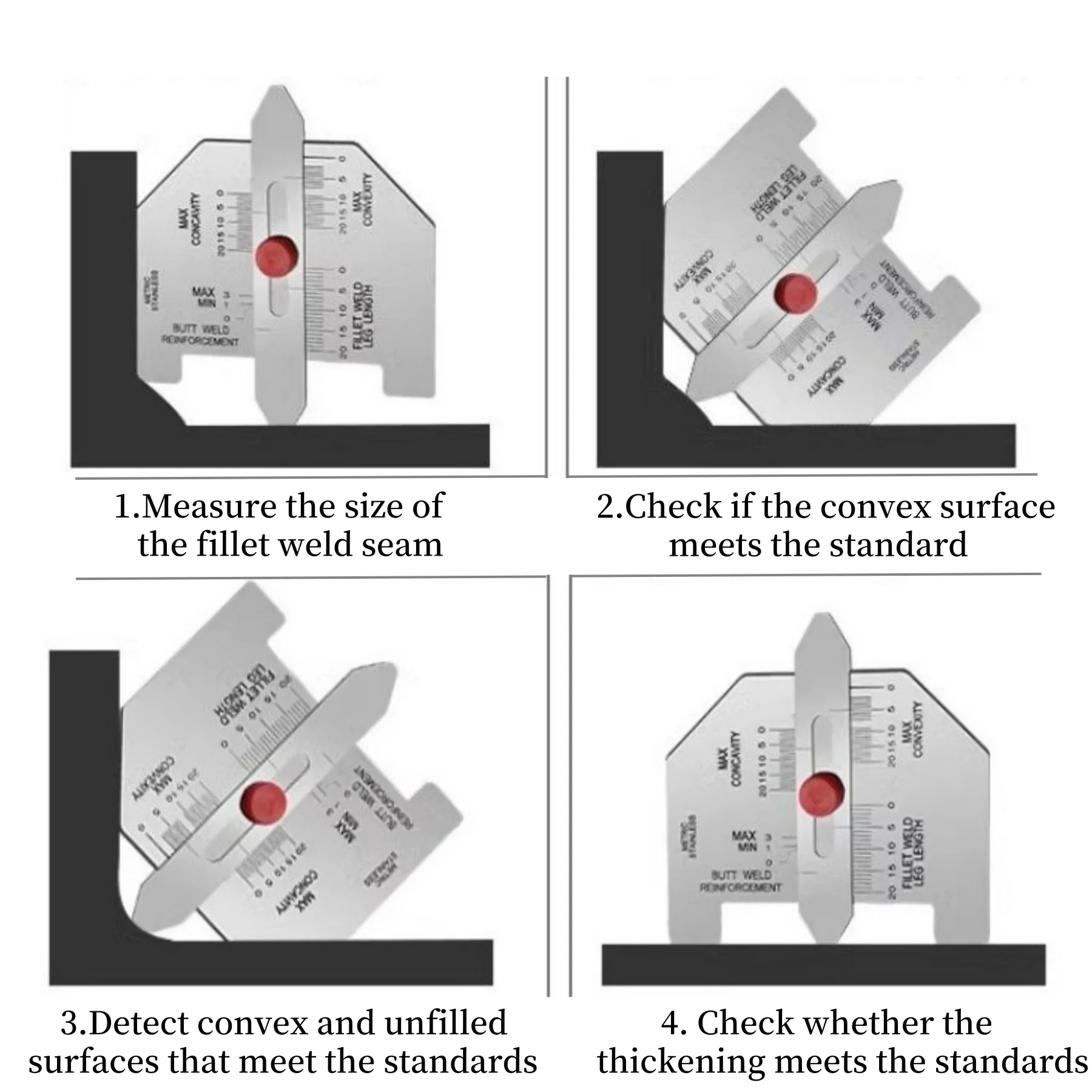 PrecisionWeld naadmeetinstrument voor nauwkeurige kalibratie van schuine gewrichten die convexe oppervlakken en de dikte van hoeklaspen controleren