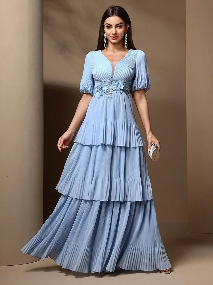 Fashion Summer Pearl Chiffon Dress Women Pleated Short Sleeve Elegant Swing V-Neck High-Waisted Banquet Evening Dress Femme Gown