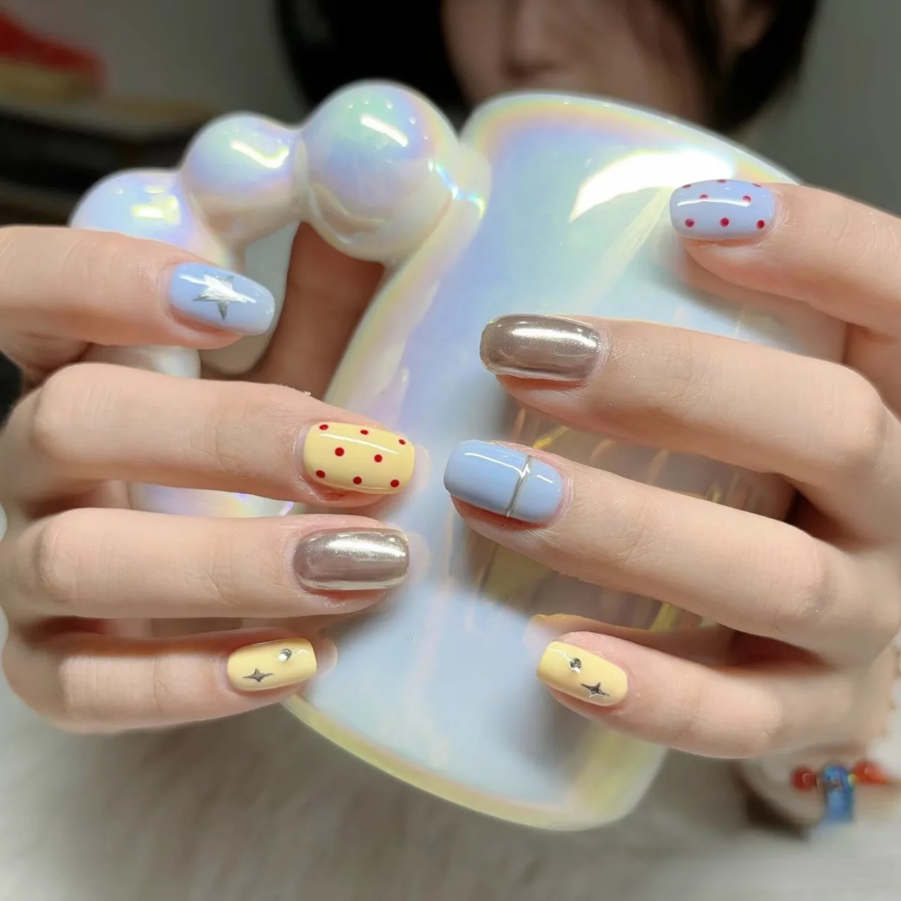 

10PCS Simple Handmade Press on Nails Cute Dopamine Polka dots Stars Design Fake Nails Wearable Reusable Adhesive False Nails