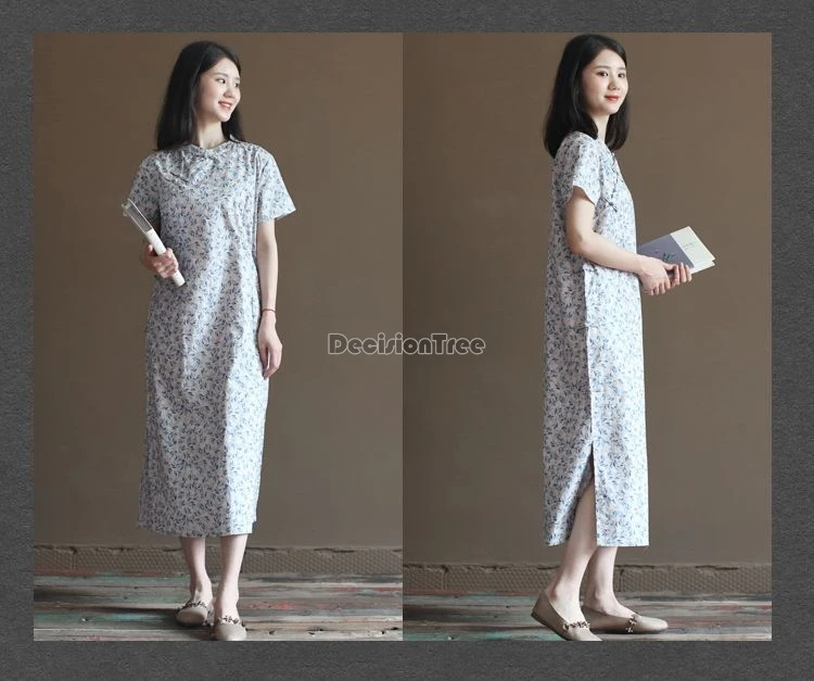 

2024 chinese style improved daily pure cotton qipao summer new loose cool split cheongsam vintage floral printing zen tea dress